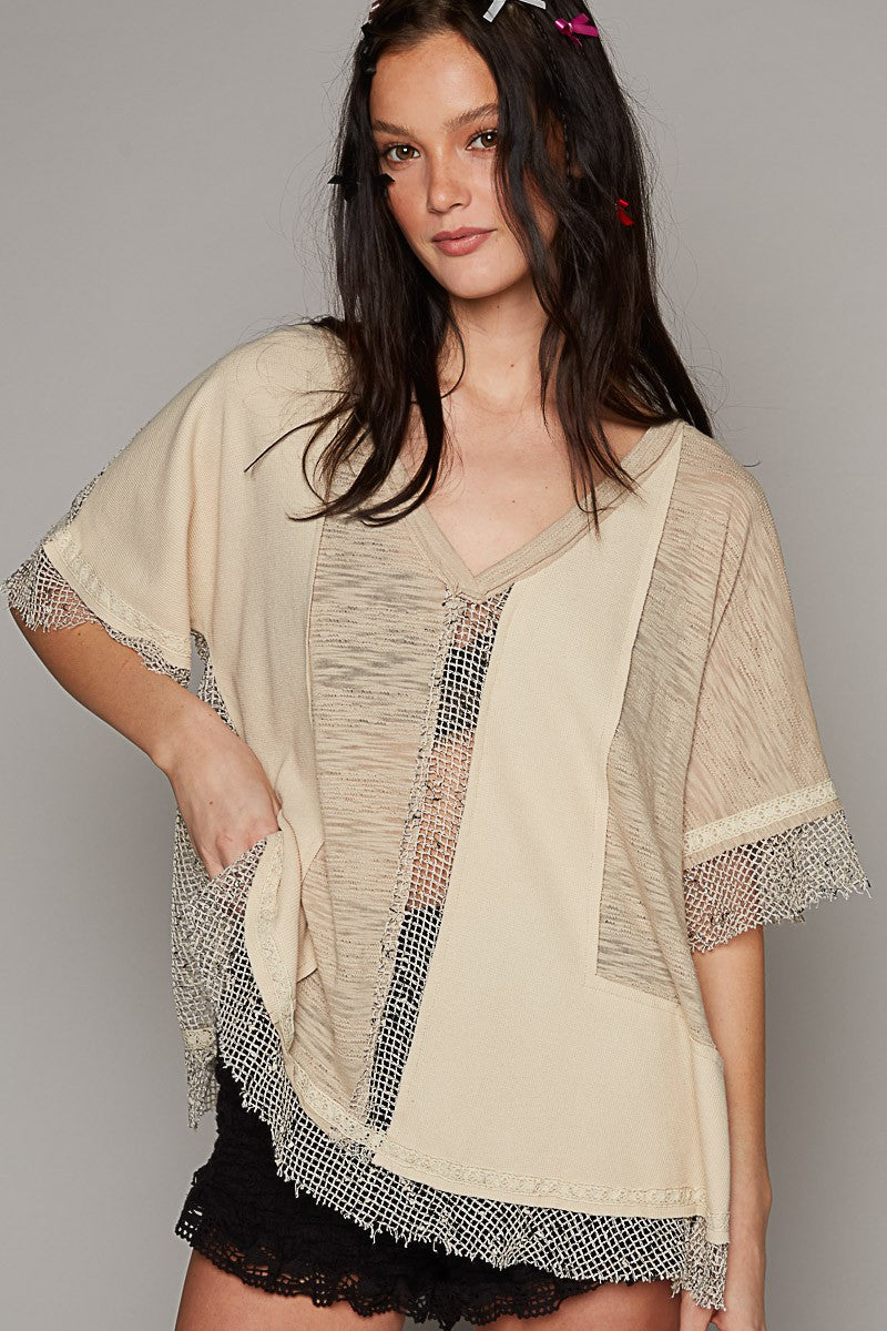 POL Oversize Dolman Short Sleeve Crochet Top