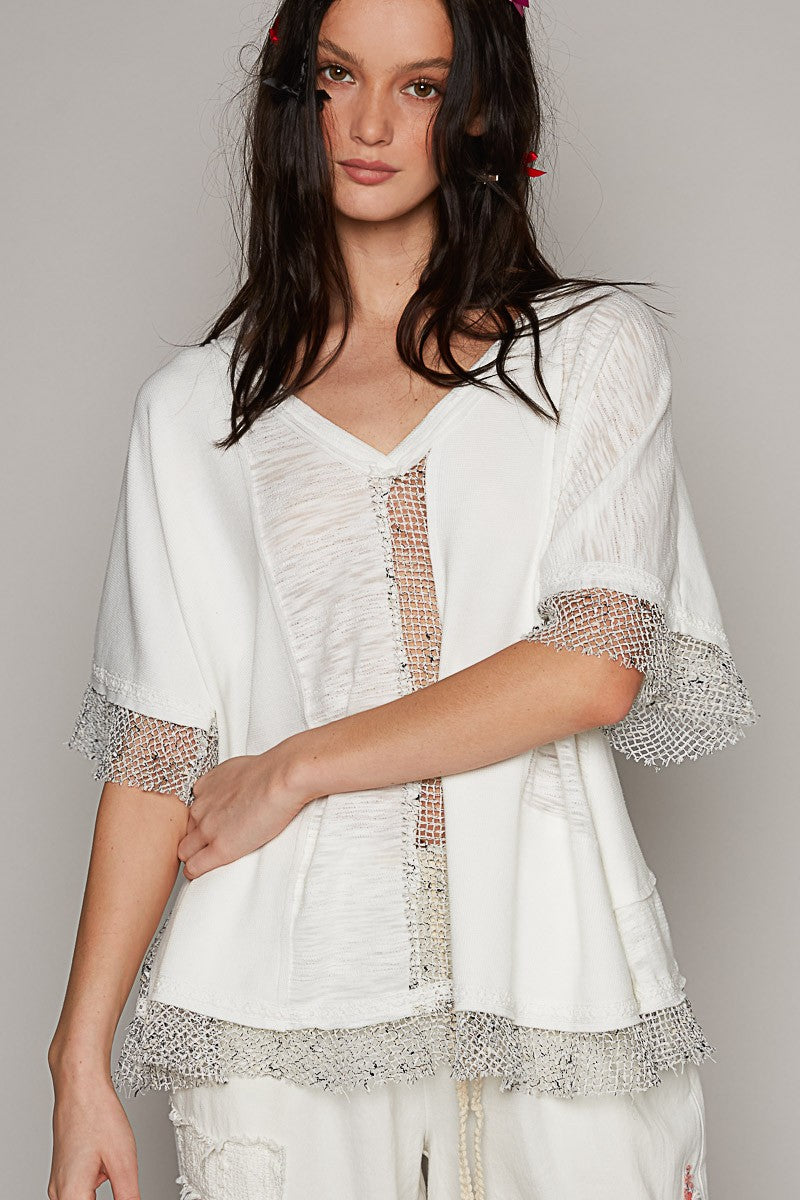 POL Oversize Dolman Short Sleeve Crochet Top