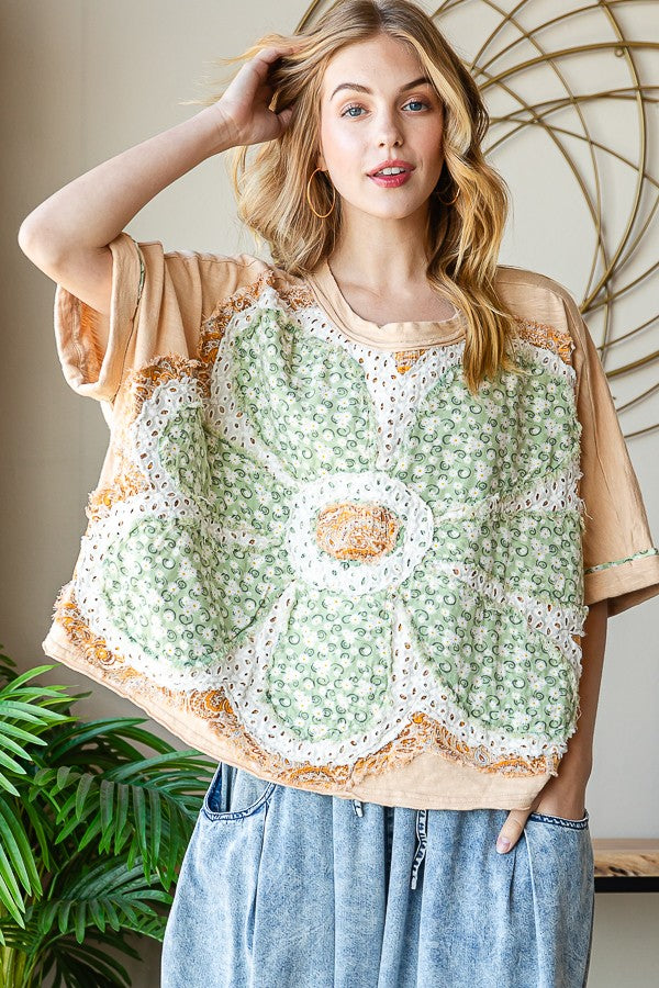 Oli & Hali Washed Daisy Patch Front Short Sleeve Top