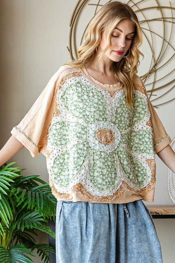 Oli & Hali Washed Daisy Patch Front Short Sleeve Top
