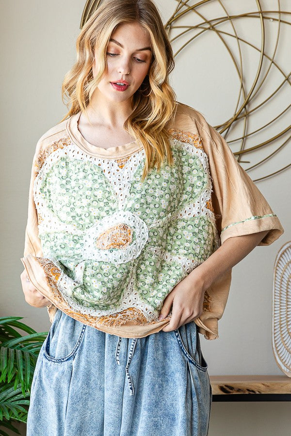 Oli & Hali Washed Daisy Patch Front Short Sleeve Top