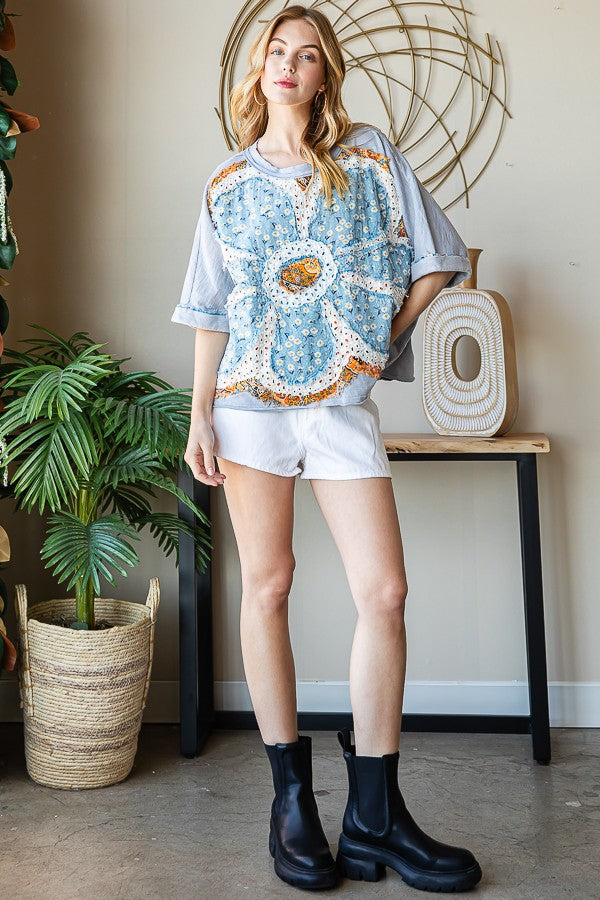 Oli & Hali Washed Daisy Patch Front Short Sleeve Top