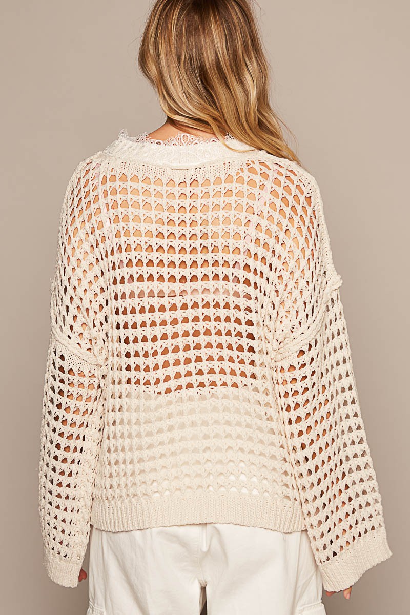 POL Long Sleeve V Neck Rib Band Solid Sweater Top