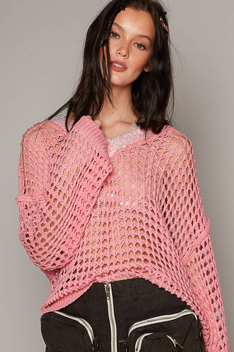 POL Long Sleeve V Neck Rib Band Solid Sweater Top