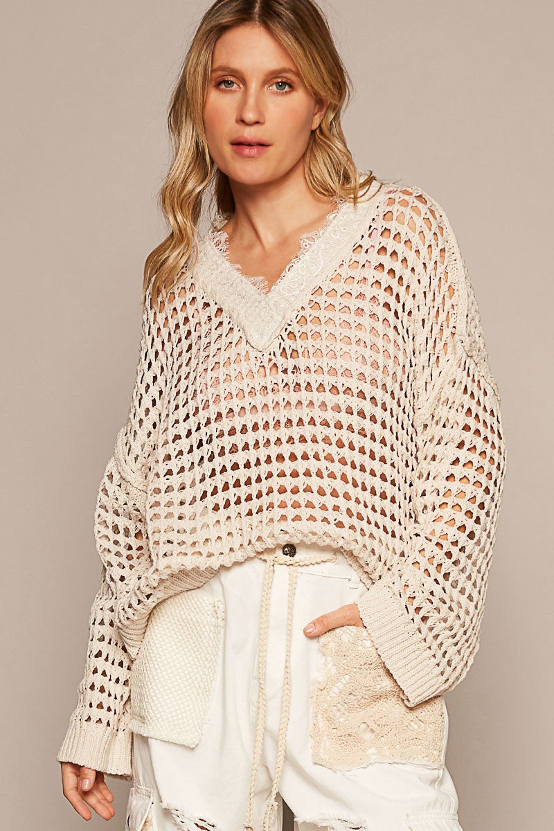 POL Long Sleeve V Neck Rib Band Solid Sweater Top