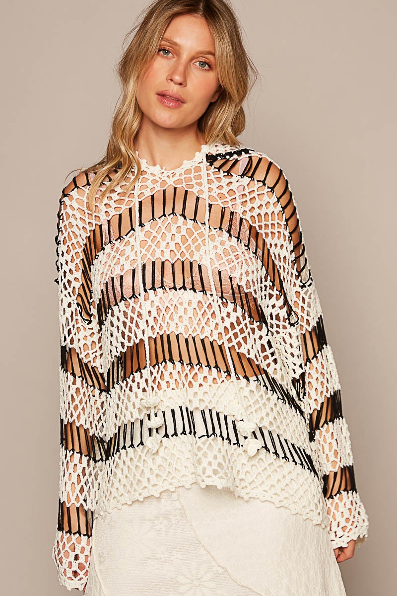 POL VNeck Long Sleeve Open Weaving Stripe Sweater Top