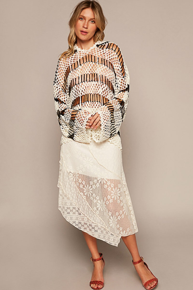 POL VNeck Long Sleeve Open Weaving Stripe Sweater Top