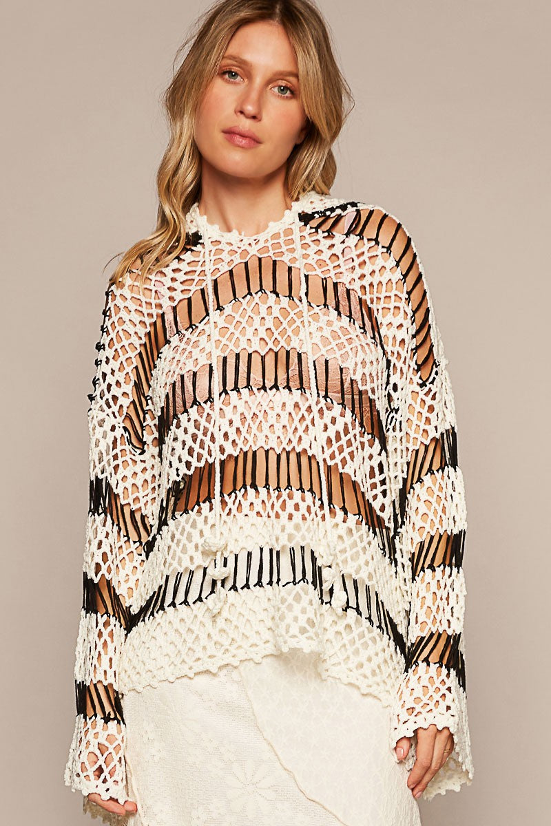 POL VNeck Long Sleeve Open Weaving Stripe Sweater Top