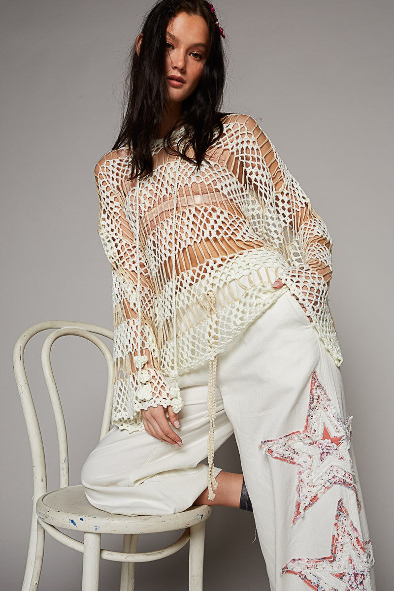 POL VNeck Long Sleeve Open Weaving Stripe Sweater Top