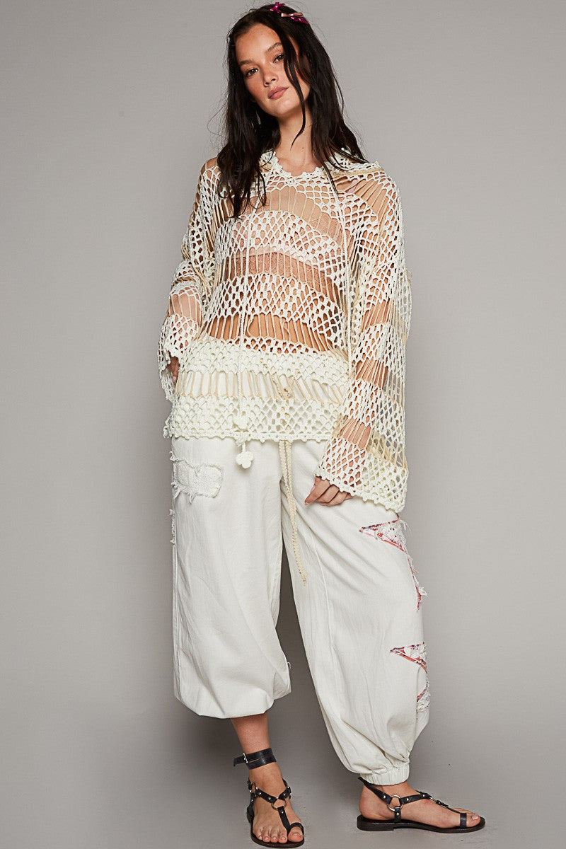 POL VNeck Long Sleeve Open Weaving Stripe Sweater Top