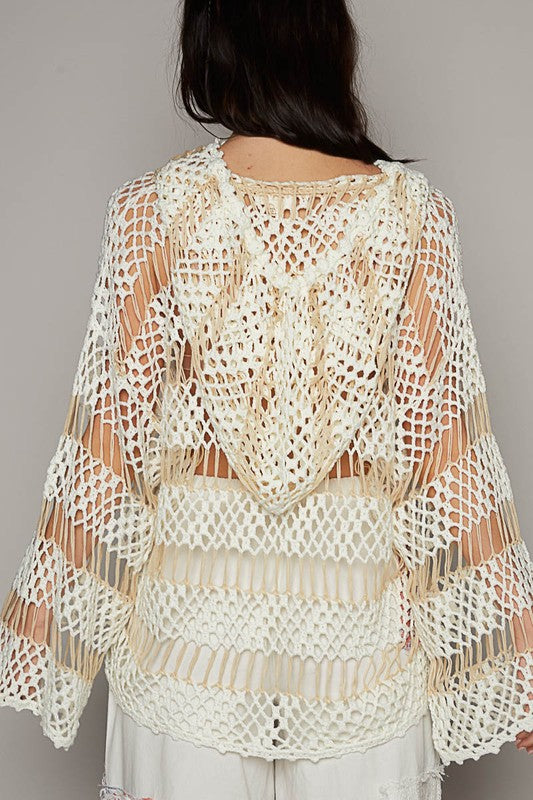 POL VNeck Long Sleeve Open Weaving Stripe Sweater Top