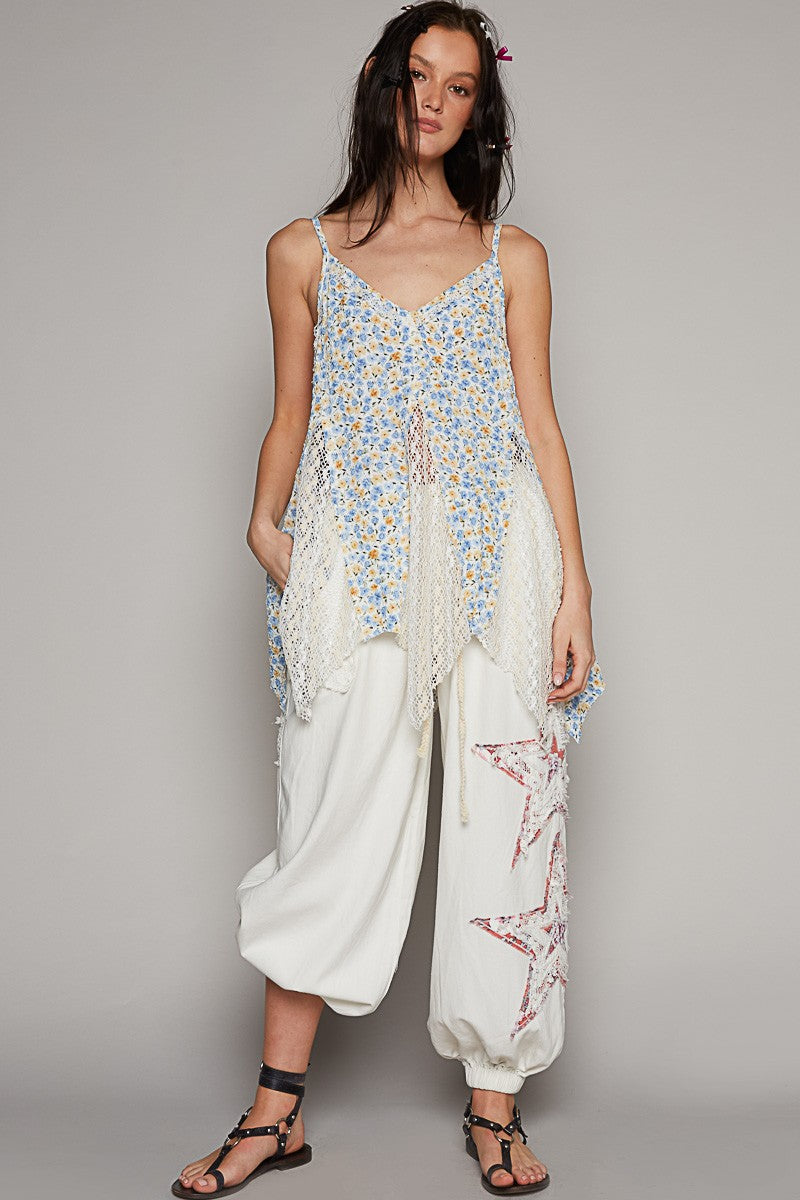 POL Sleeveless Textured Woven Crochet Contrast Top