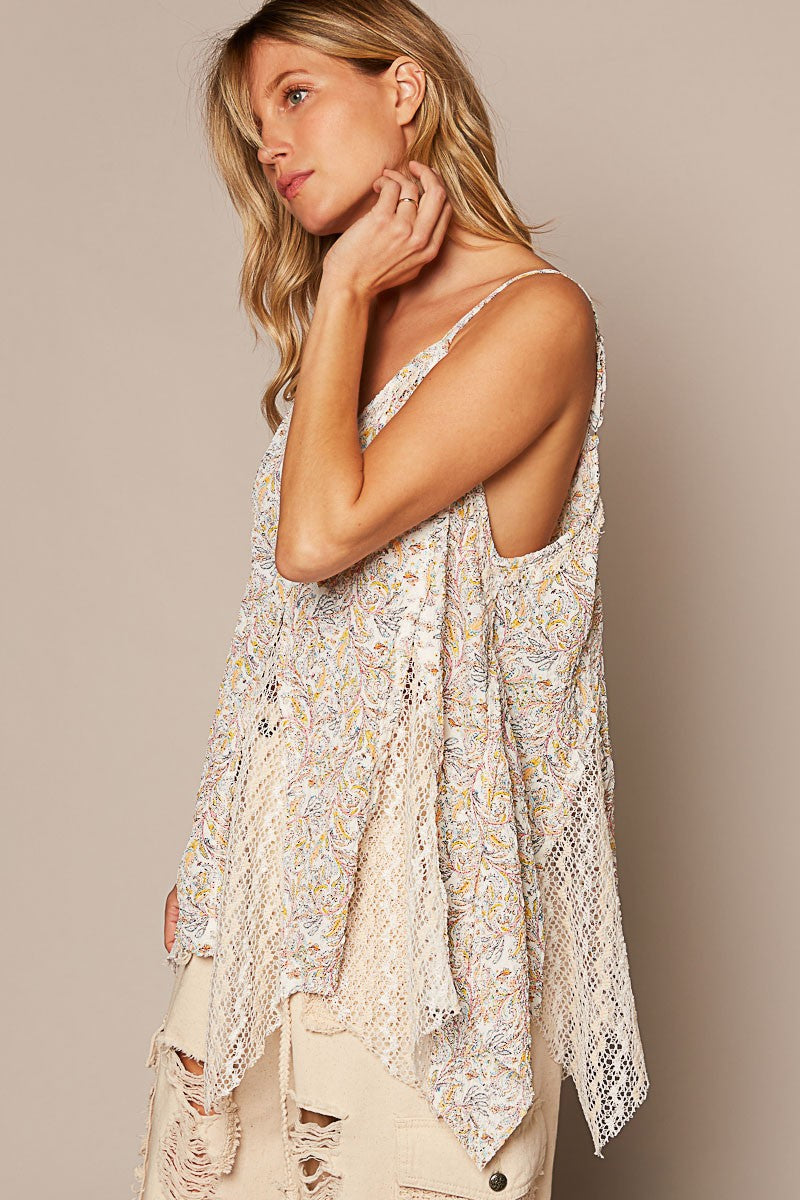 POL Sleeveless Textured Woven Crochet Contrast Top