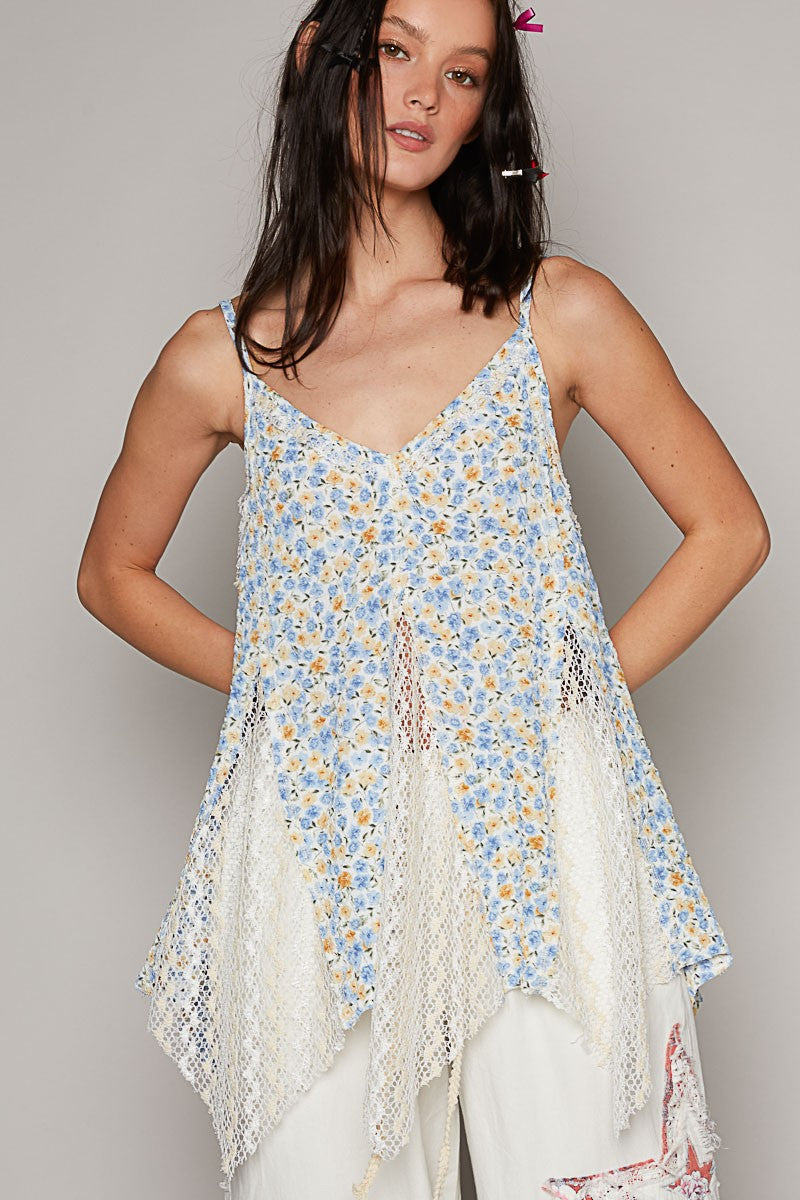 POL Sleeveless Textured Woven Crochet Contrast Top