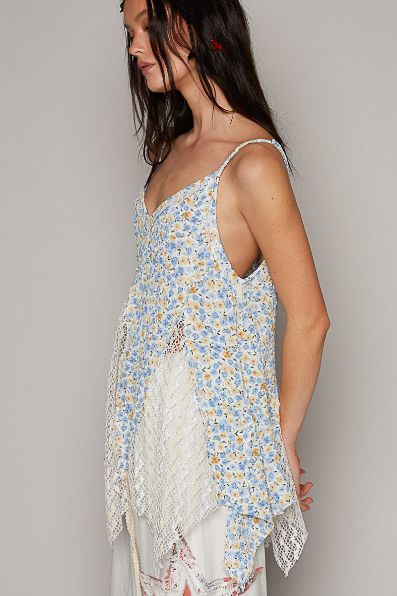 POL Sleeveless Textured Woven Crochet Contrast Top