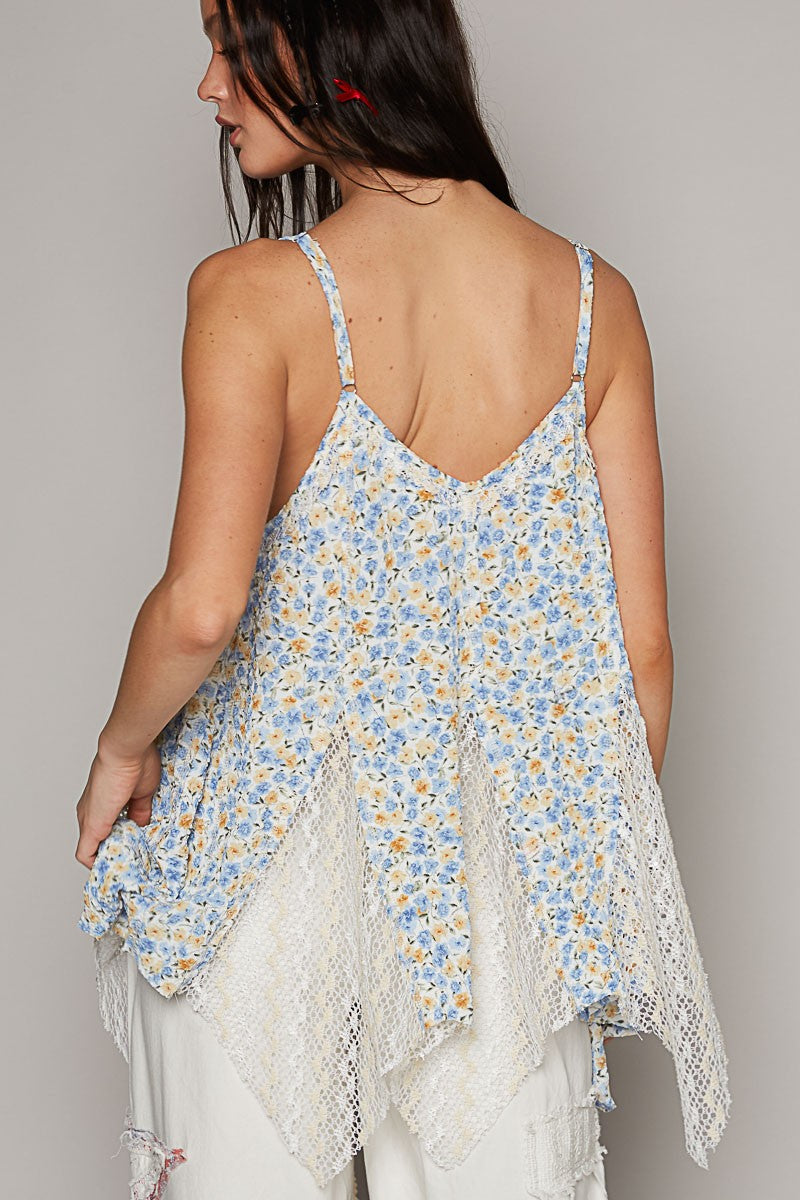 POL Sleeveless Textured Woven Crochet Contrast Top