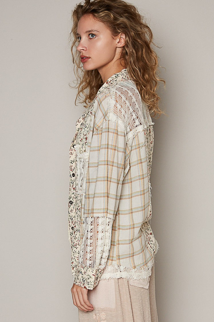 POL Oversized Long Sleeve Floral Pattern Shirt Top