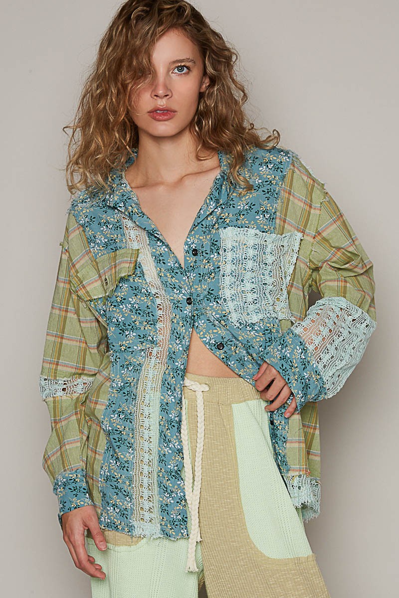 POL Oversized Long Sleeve Floral Pattern Shirt Top