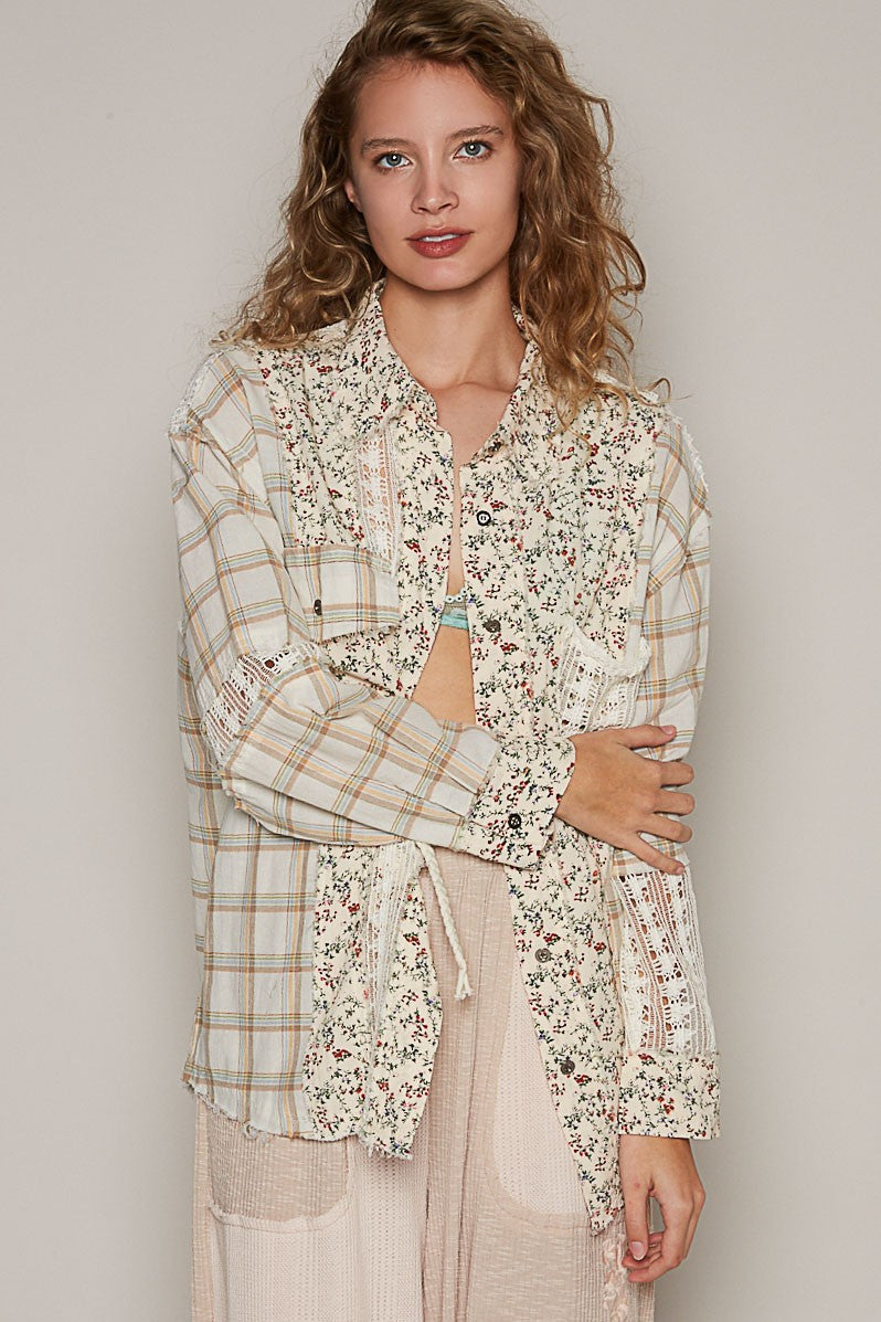 POL Oversized Long Sleeve Floral Pattern Shirt Top