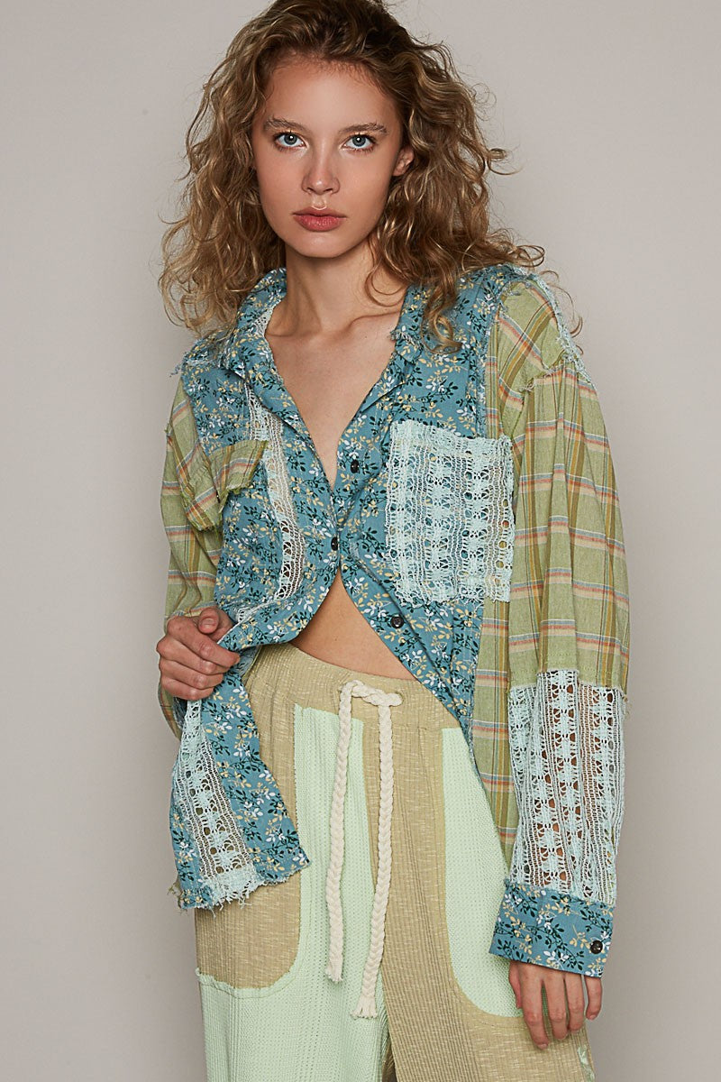 POL Oversized Long Sleeve Floral Pattern Shirt Top