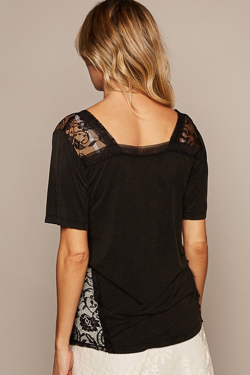 POL V Neck Short Sleeve Lace Trim Solid Knit Top