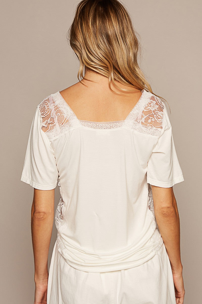 POL V Neck Short Sleeve Lace Trim Solid Knit Top