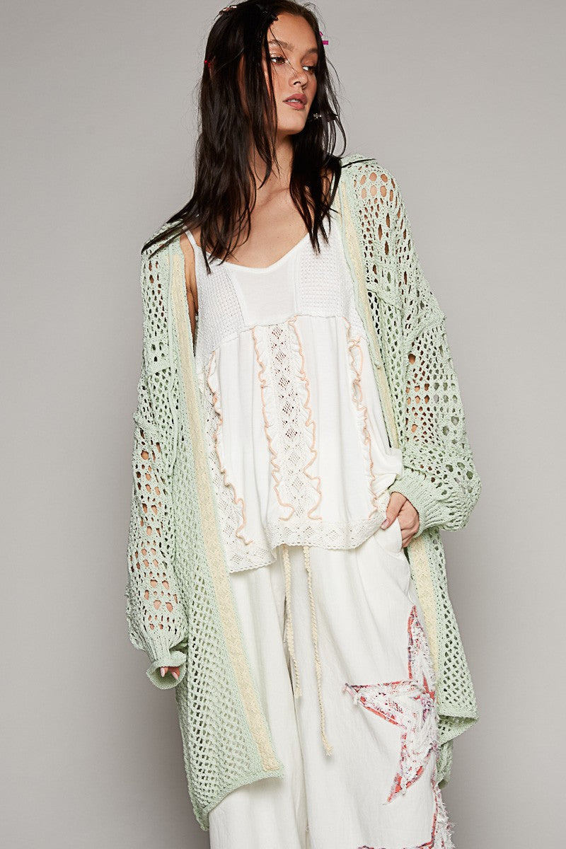 POL Oversize Balloon Long Sleeve Open Weave Cardigan Top