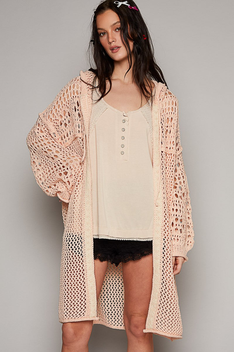 POL Oversize Balloon Long Sleeve Open Weave Cardigan Top