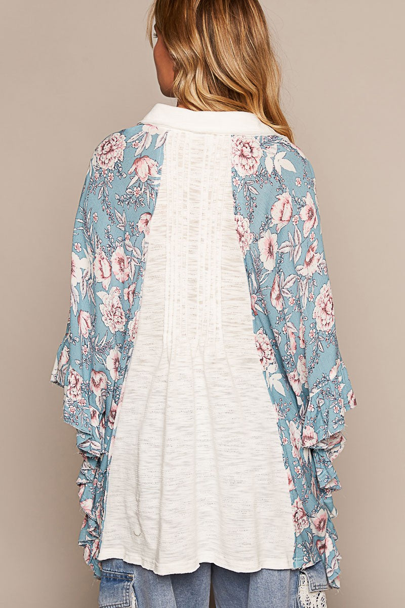 POL Floral Ruggle Sleeve Overzied Contrast Knit Top