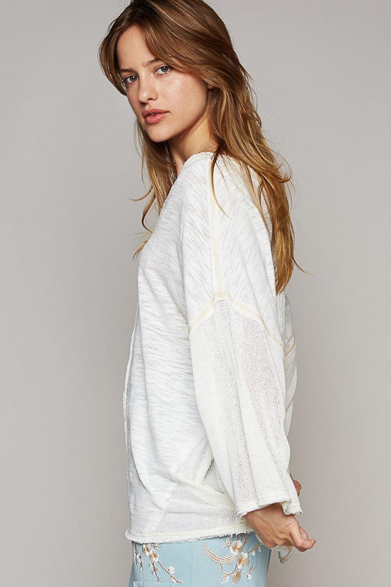 POL V-Neck Short Sleeve Stitch Detail Knit Top