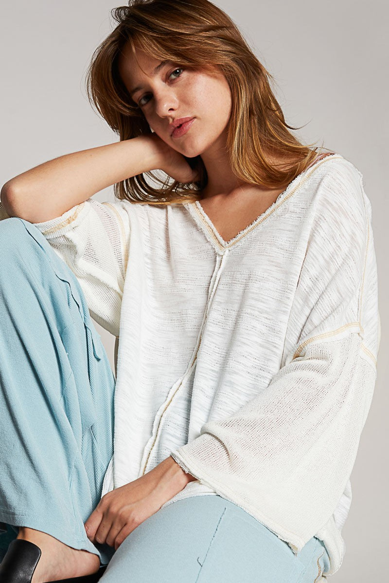 POL V-Neck Short Sleeve Stitch Detail Knit Top