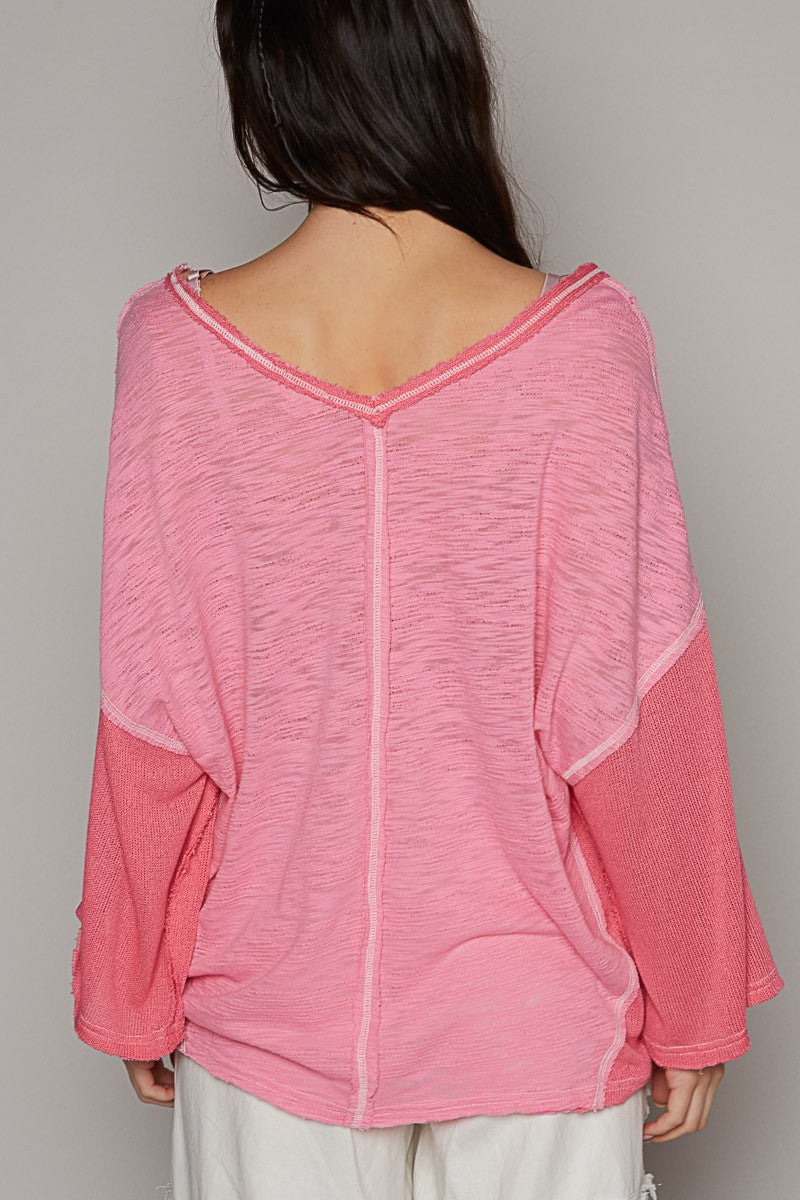 POL V-Neck Short Sleeve Stitch Detail Knit Top