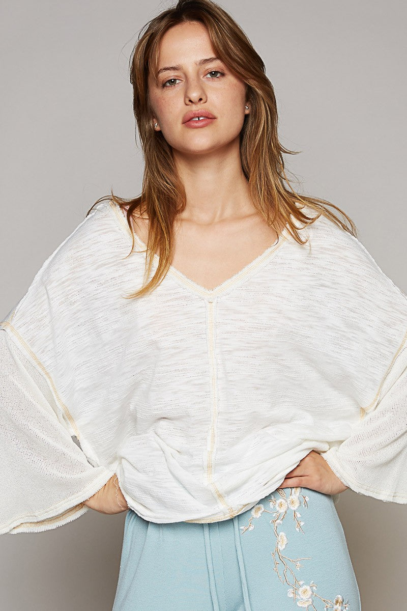 POL V-Neck Short Sleeve Stitch Detail Knit Top