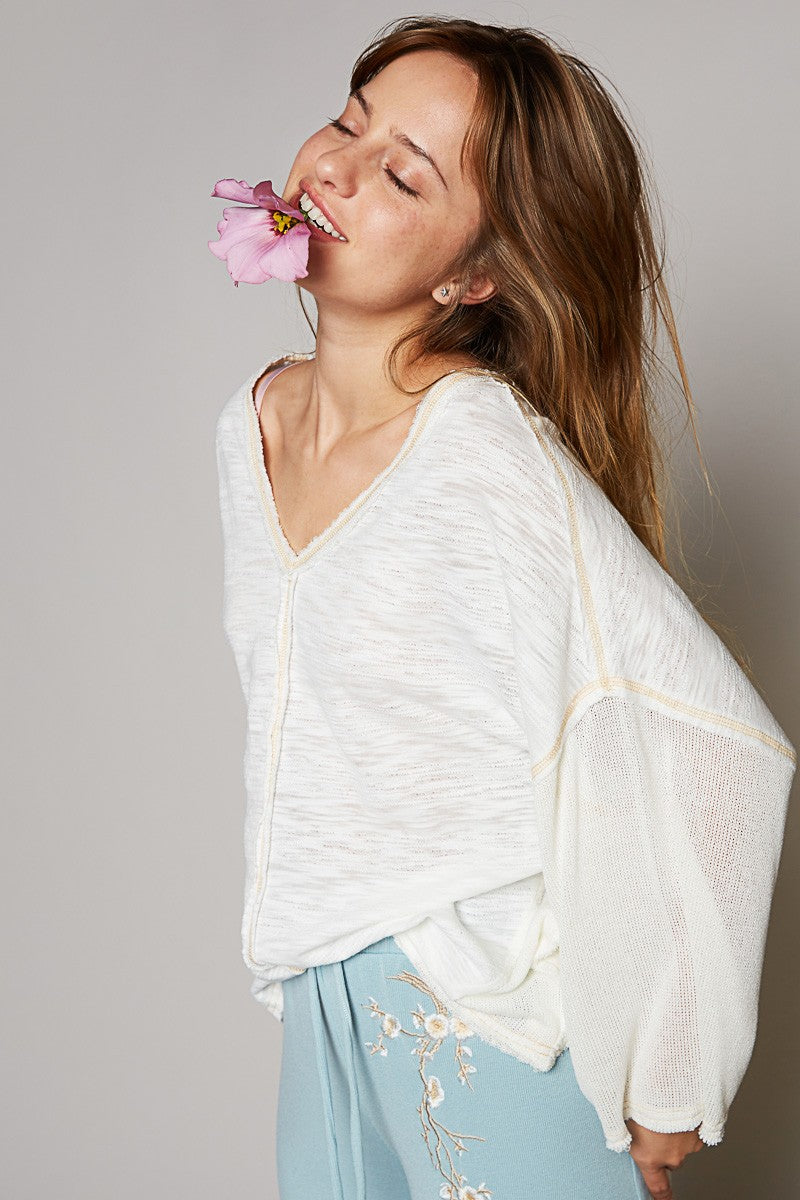 POL V-Neck Short Sleeve Stitch Detail Knit Top