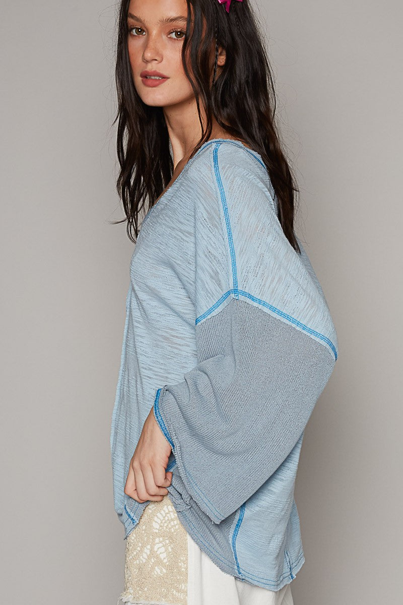 POL V-Neck Short Sleeve Stitch Detail Knit Top