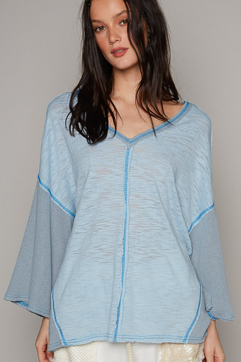 POL V-Neck Short Sleeve Stitch Detail Knit Top