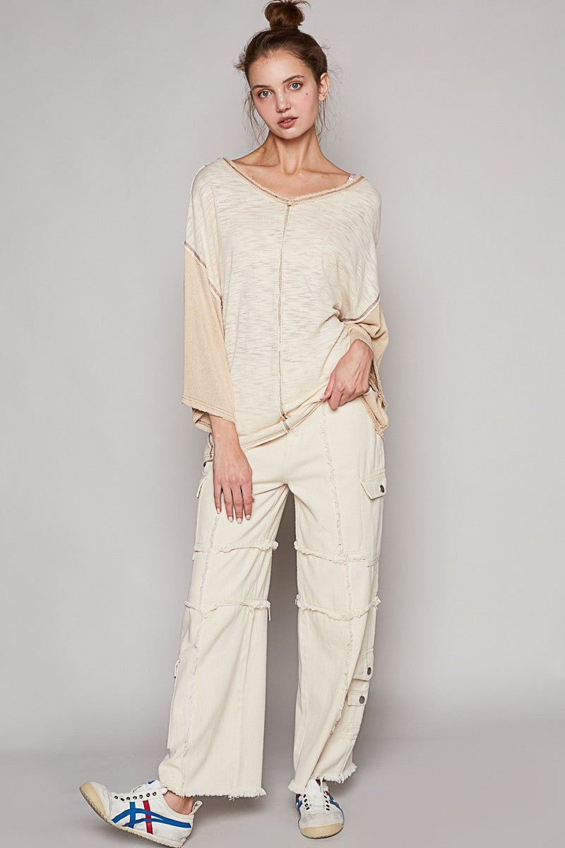 POL V-Neck Short Sleeve Stitch Detail Knit Top