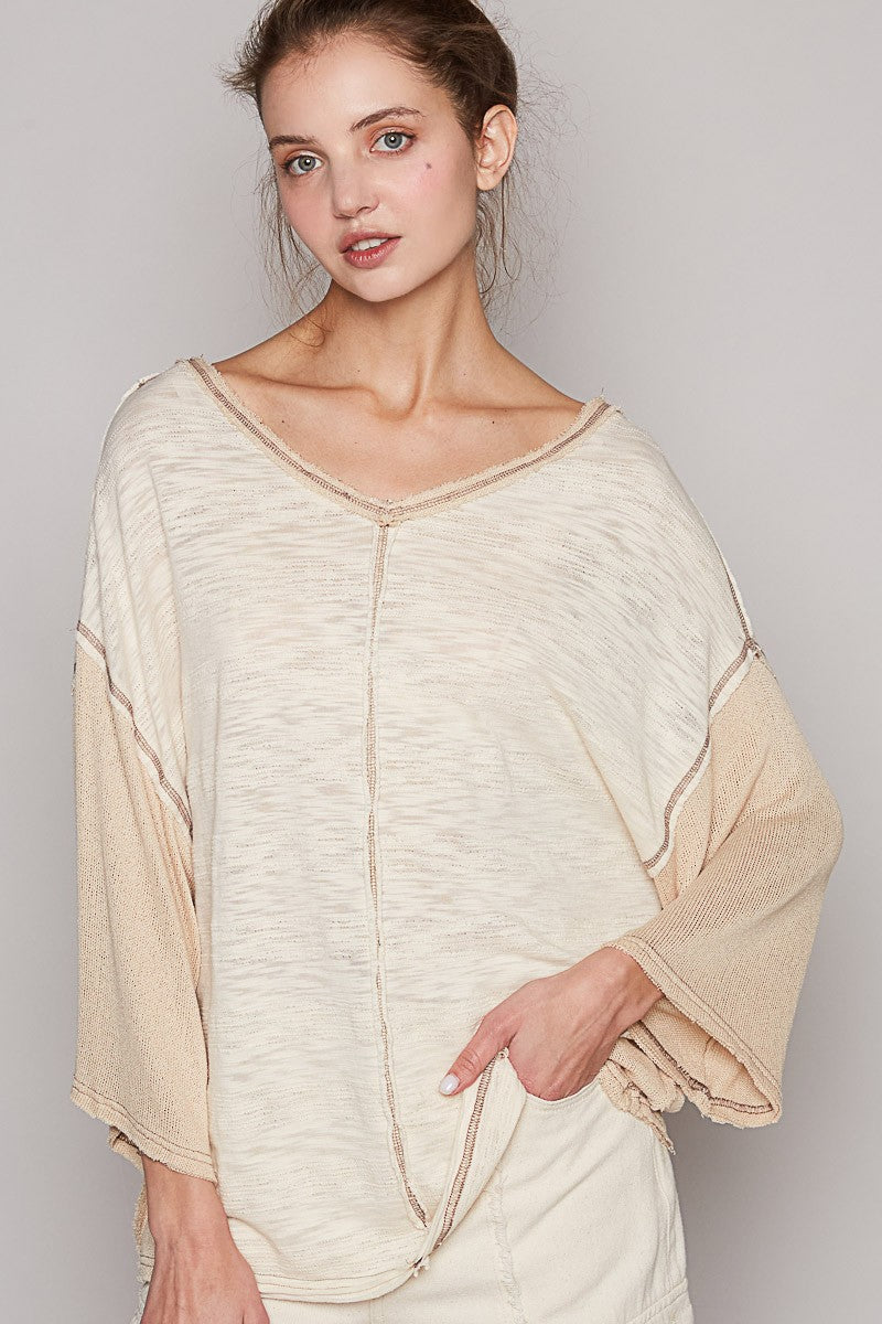 POL V-Neck Short Sleeve Stitch Detail Knit Top