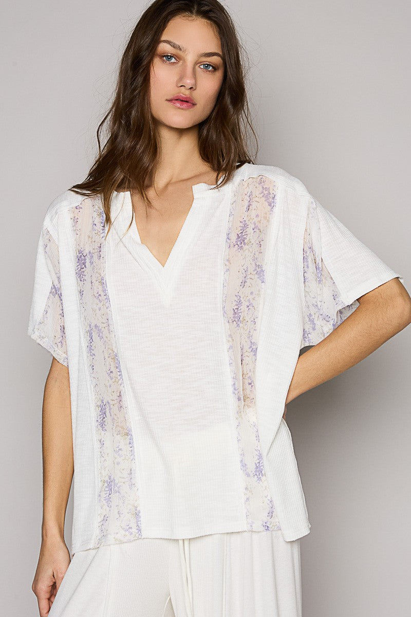 POL Floral Oversize Short Sleeve Sheer Woven Knit Top
