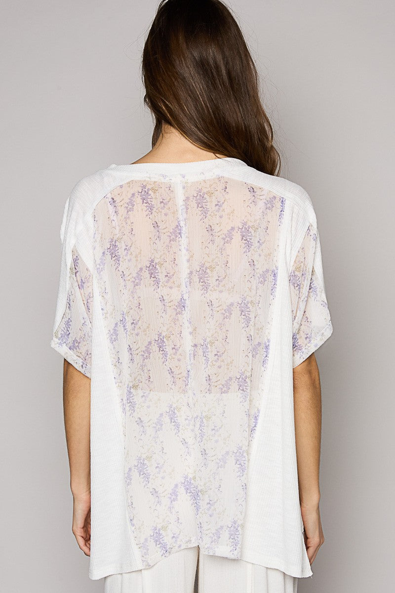 POL Floral Oversize Short Sleeve Sheer Woven Knit Top