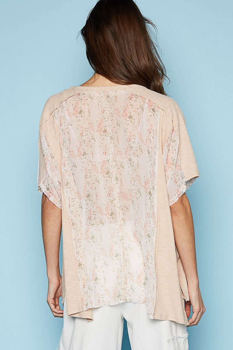 POL Floral Oversize Short Sleeve Sheer Woven Knit Top