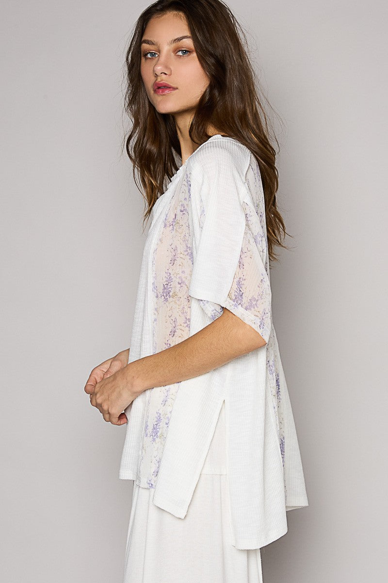 POL Floral Oversize Short Sleeve Sheer Woven Knit Top