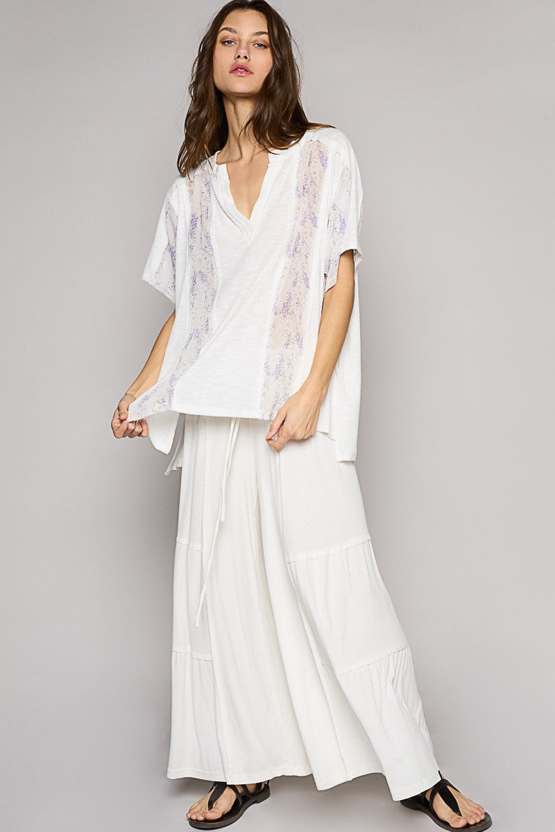 POL Floral Oversize Short Sleeve Sheer Woven Knit Top