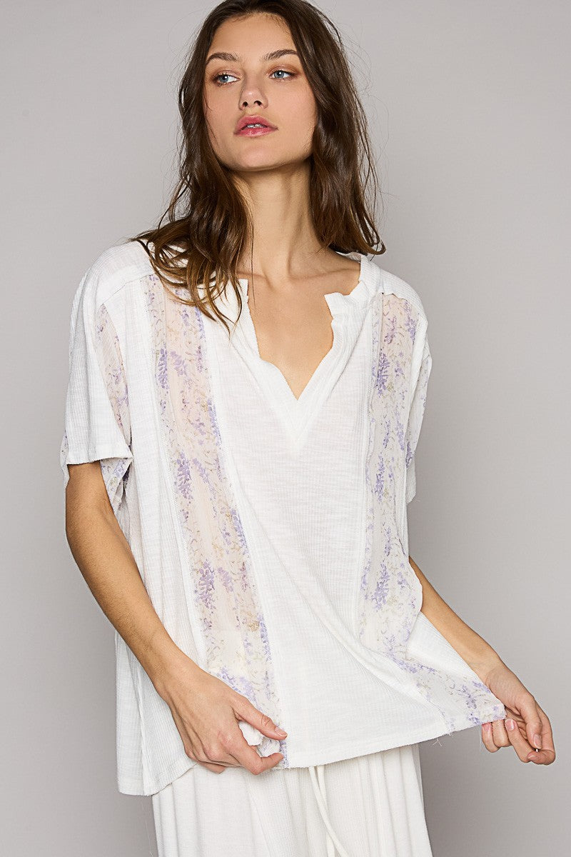 POL Floral Oversize Short Sleeve Sheer Woven Knit Top