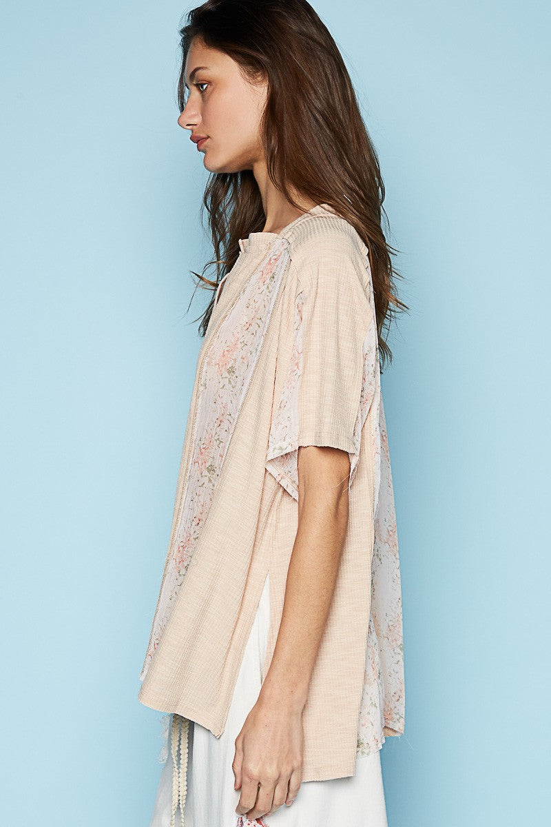 POL Floral Oversize Short Sleeve Sheer Woven Knit Top