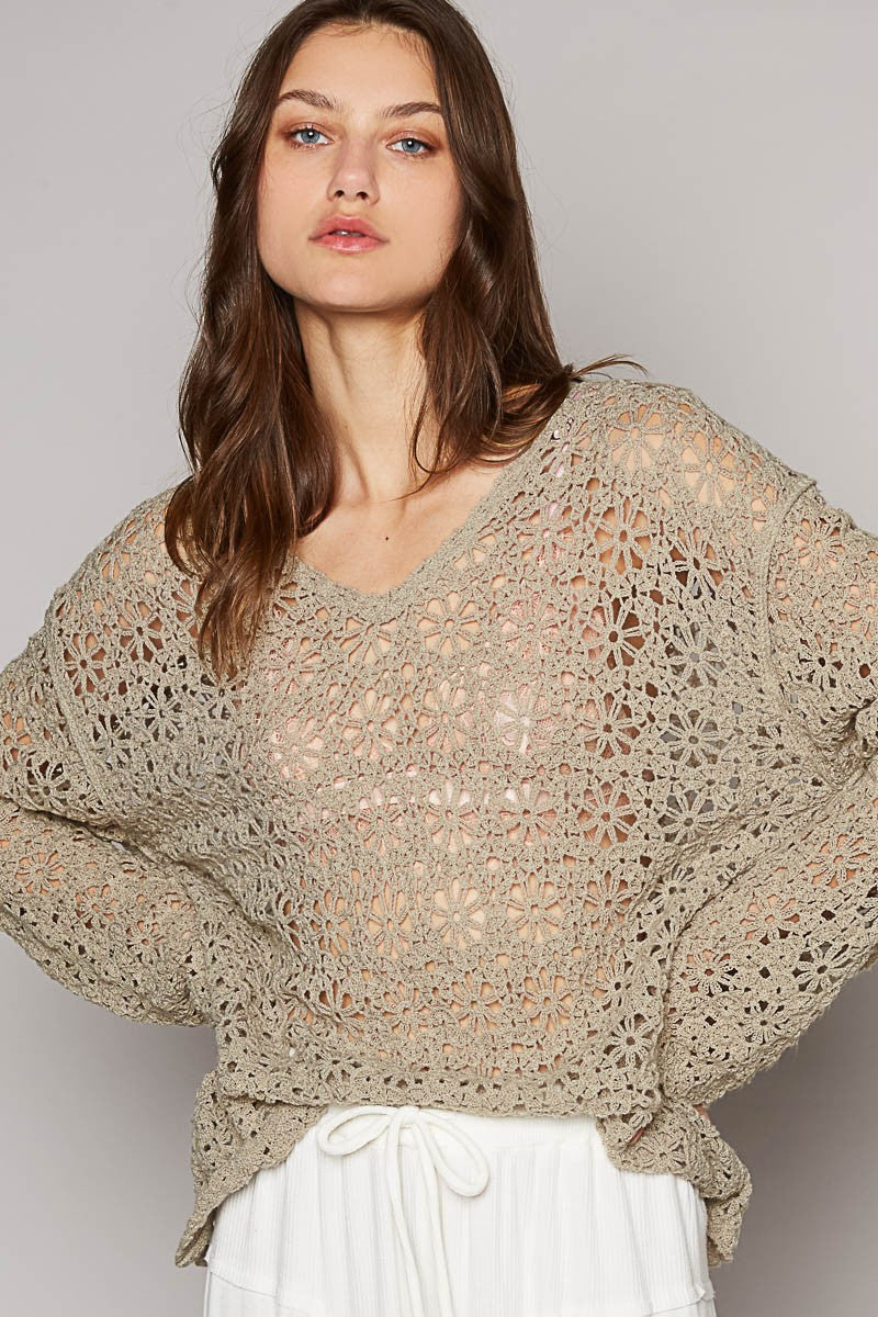 POL Long Sleeve Floral Pattern Solid Crochet Top