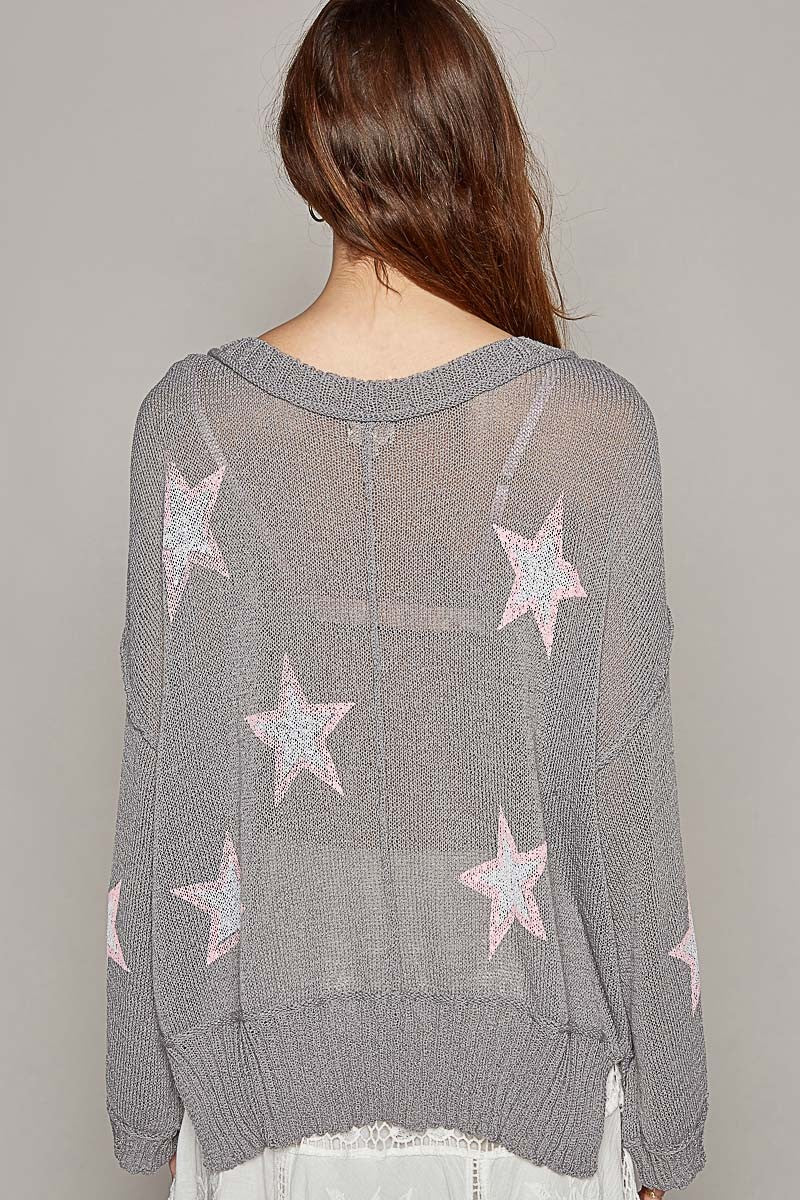 POL Star Prints Lightweight V Neck Long Sleeve Sweater Top