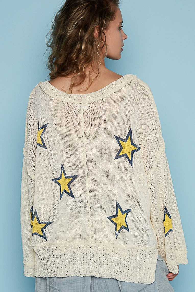 POL Star Prints Lightweight V Neck Long Sleeve Sweater Top