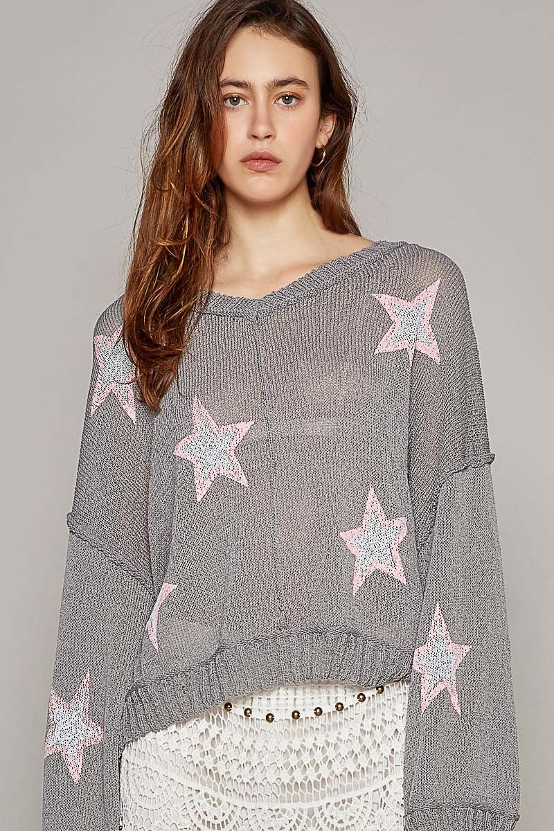 POL Star Prints Lightweight V Neck Long Sleeve Sweater Top