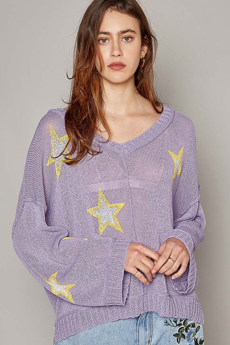 POL Star Prints Lightweight V Neck Long Sleeve Sweater Top